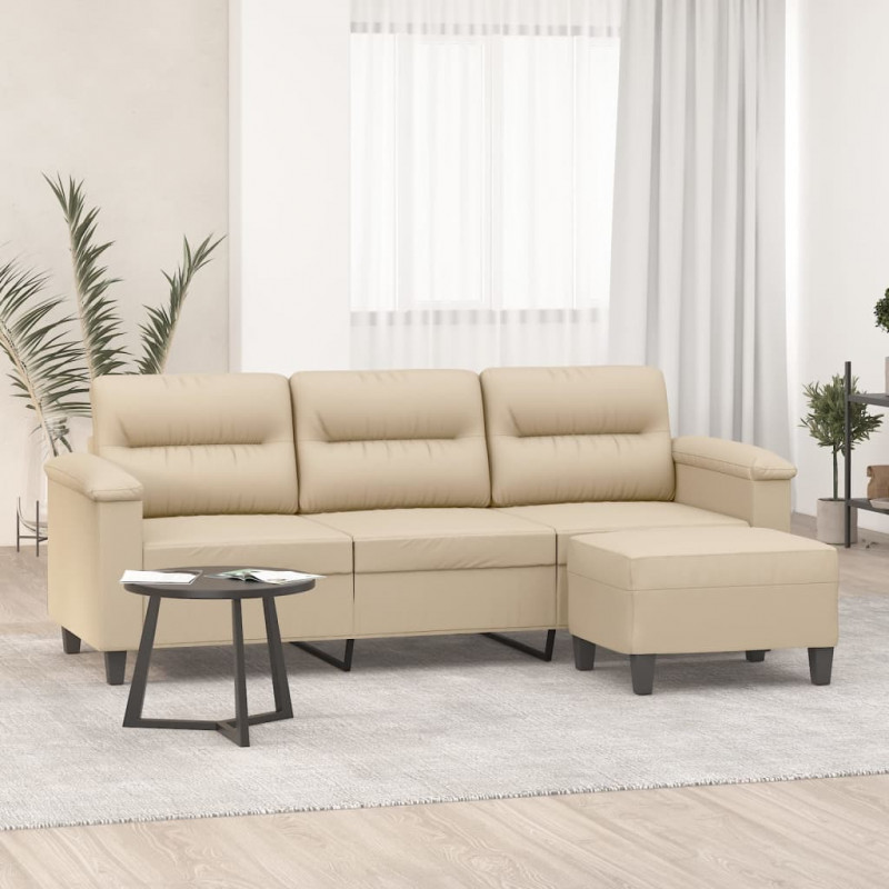 3-os. sofa z podnóżkiem, kremowa, 180 cm, obita mikrofibrą
