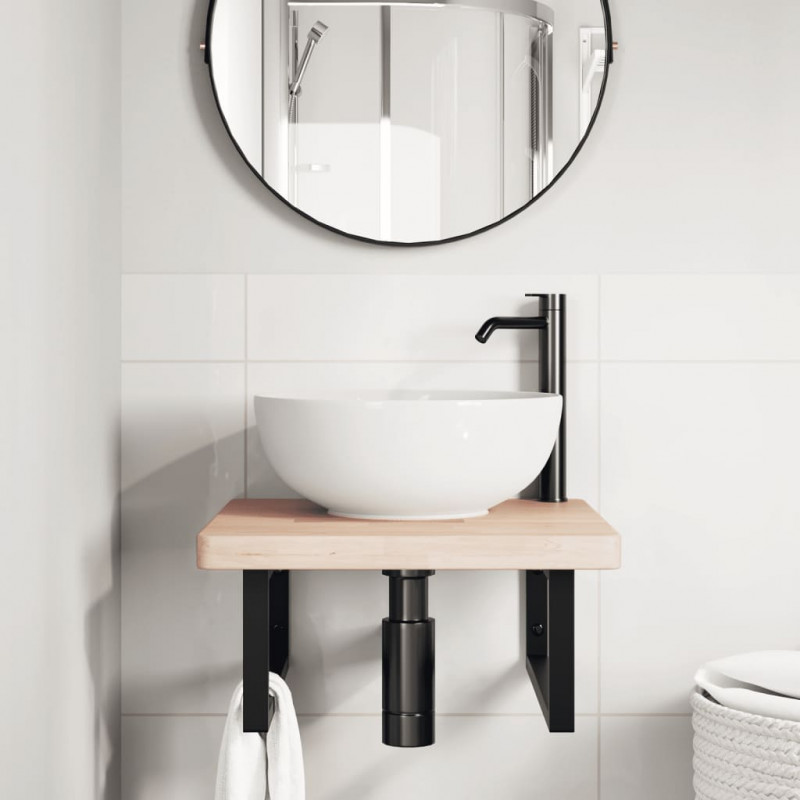 Półka ścienna pod umywalkę, stal i lite drewno dębowe