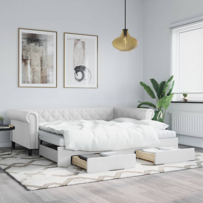 Sofa rozsuwana z szufladami, biała, 90x200 cm, sztuczna skóra