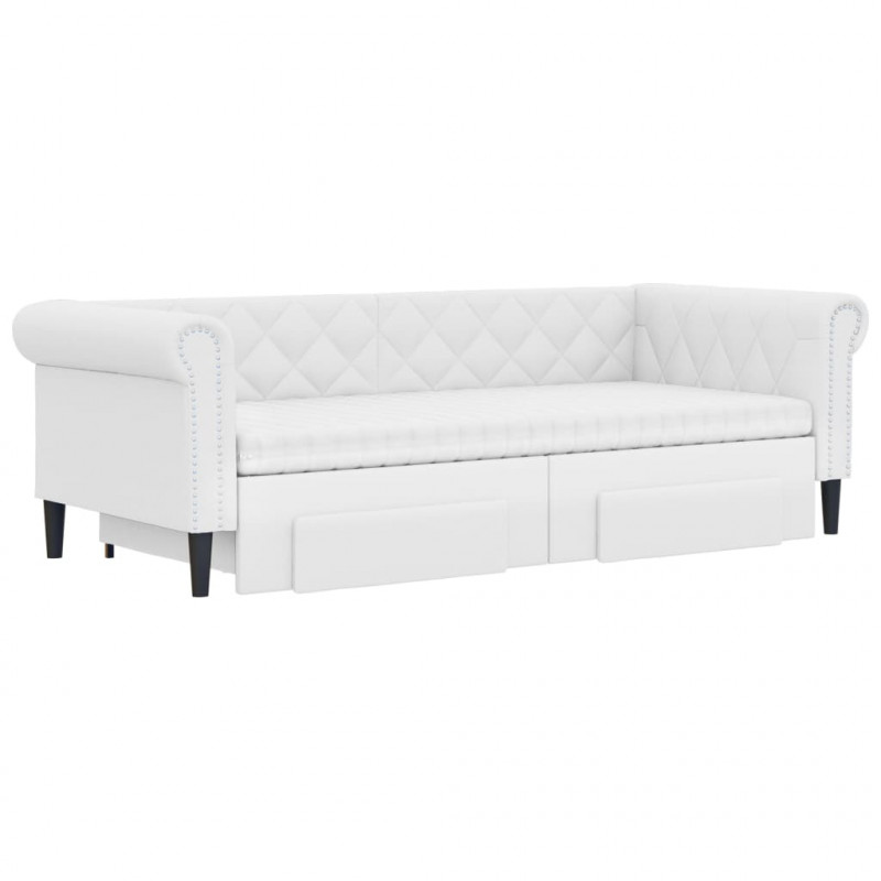 Sofa rozsuwana z szufladami, biała, 90x200 cm, sztuczna skóra
