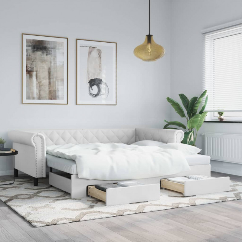 Sofa rozsuwana z szufladami, biała, 90x200 cm, sztuczna skóra