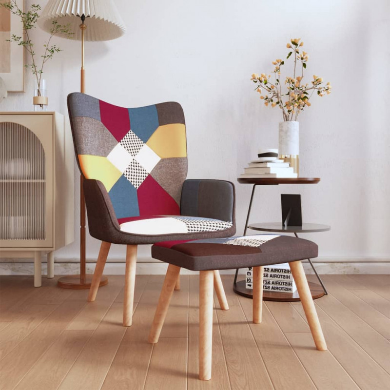 Fotel z podnóżkiem, patchwork, obity tkaniną