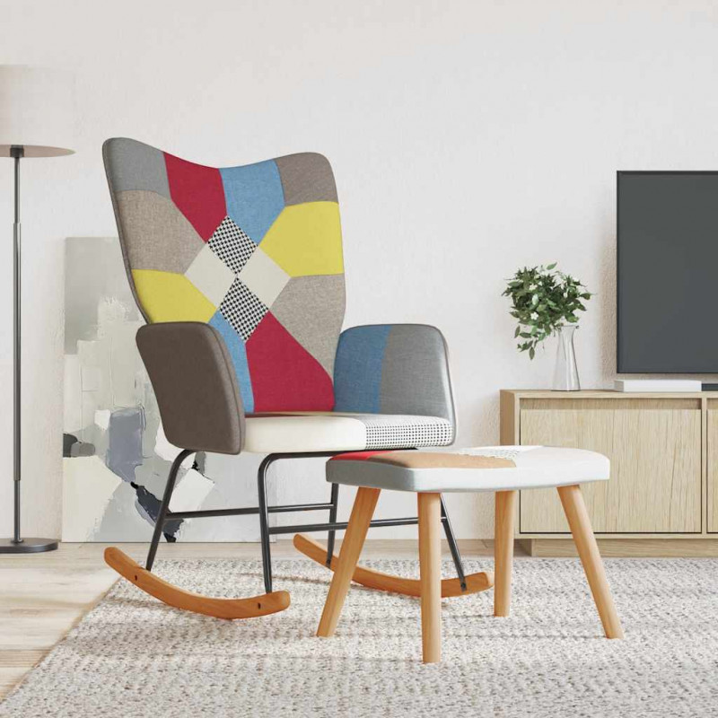 Fotel bujany z podnóżkiem, patchwork, obity tkaniną