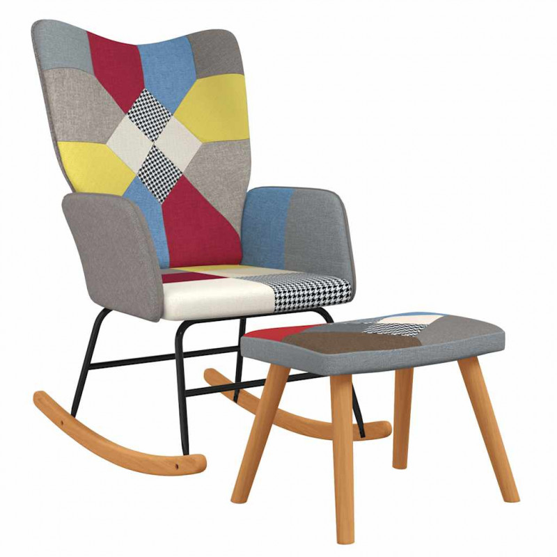 Fotel bujany z podnóżkiem, patchwork, obity tkaniną
