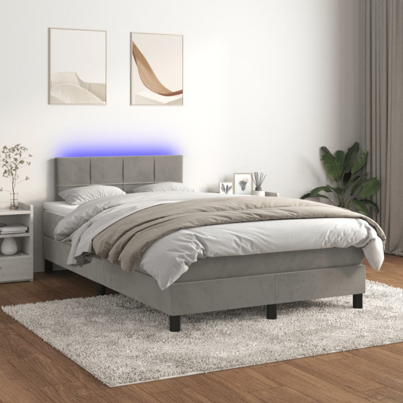 Łóżko kontynentalne z materacem i LED, jasnoszare, 120x190 cm