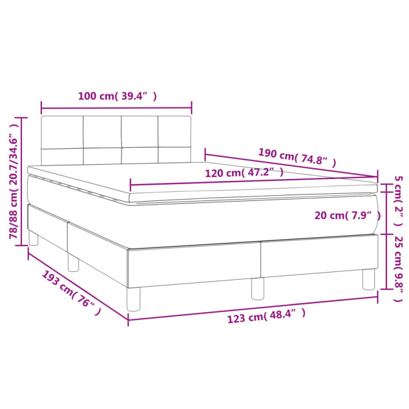 Łóżko kontynentalne z materacem i LED, jasnoszare, 120x190 cm