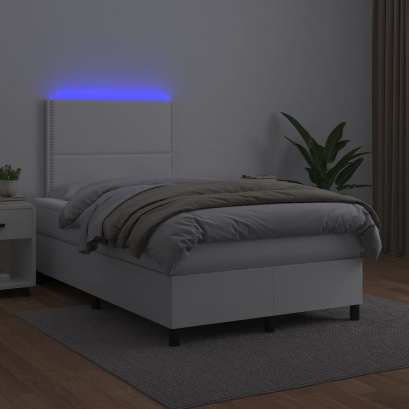 Łóżko kontynentalne z materacem i LED, białe, 120x190 cm