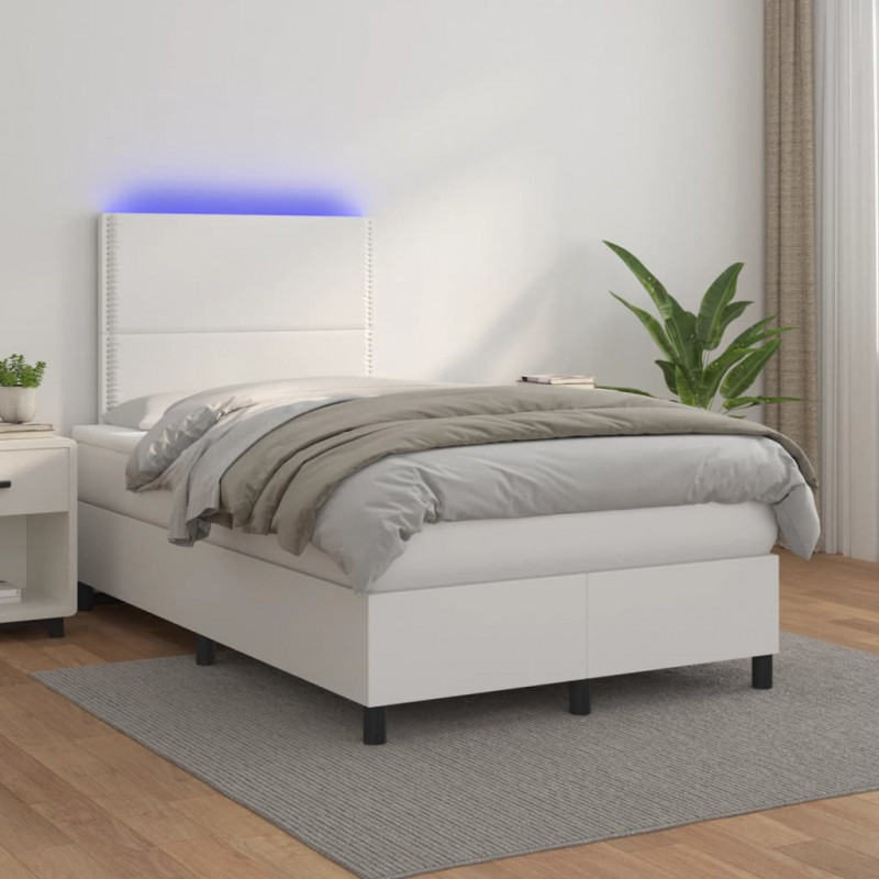 Łóżko kontynentalne z materacem i LED, białe, 120x190 cm