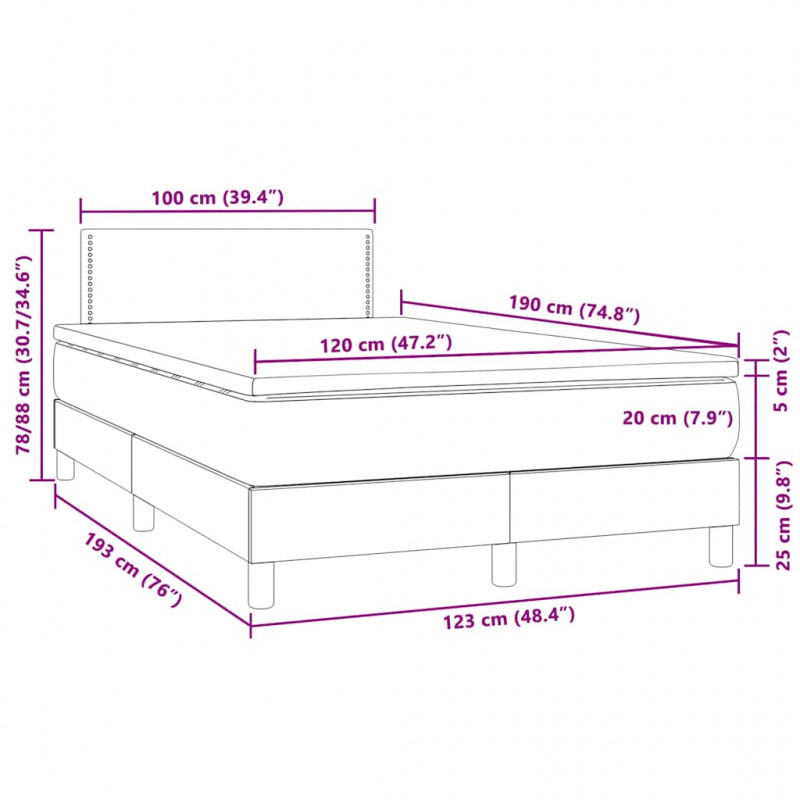 Łóżko kontynentalne z materacem i LED, jasnoszare, 120x190 cm
