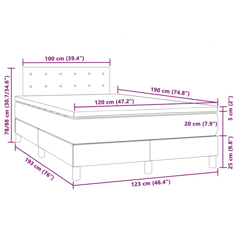 Łóżko kontynentalne z materacem i LED, szare, 120x190 cm