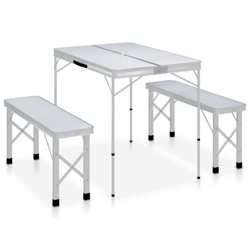 Składany stolik turystyczny z 2 ławkami, aluminium, biały