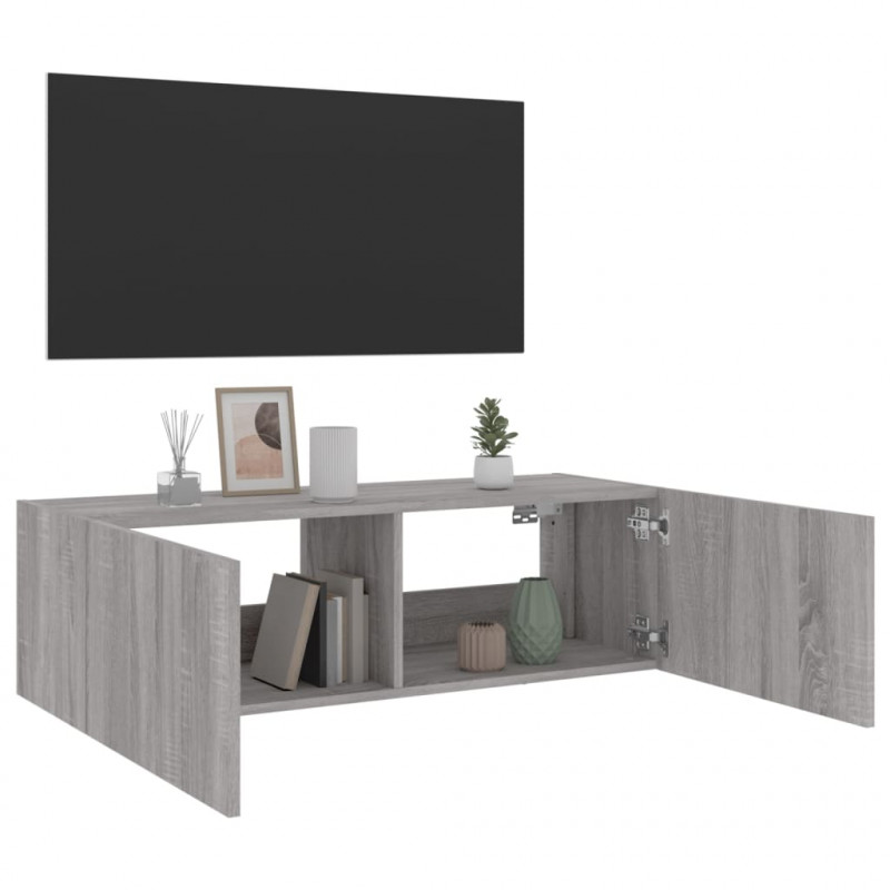 Ścienna szafka TV z LED, szary dąb sonoma, 100x35x31 cm