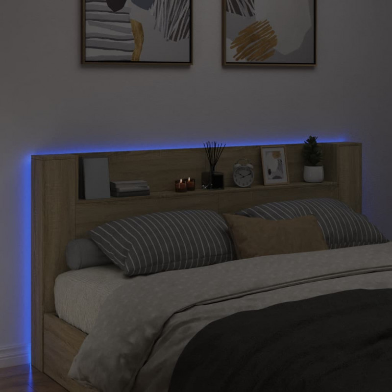 Zagłówek z półką i LED, dąb sonoma, 200x16,5x103,5 cm