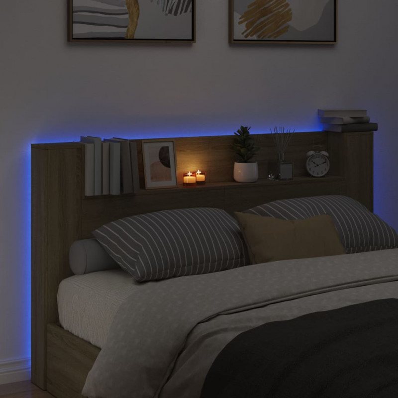 Zagłówek z półką i LED, dąb sonoma, 180x16,5x103,5 cm