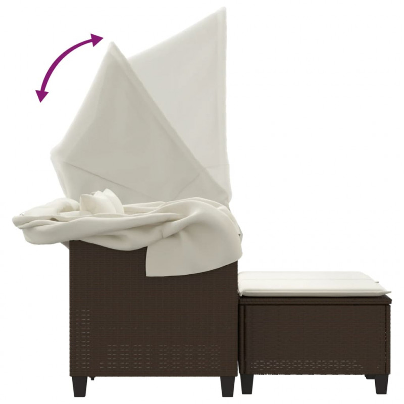 2-os. sofa ogrodowa, daszek i podnóżki, brązowa, rattan PE
