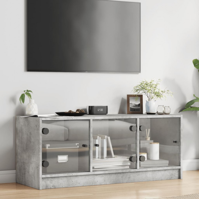 Szafka TV ze szklanymi drzwiami, szarość betonu, 102x37x42 cm