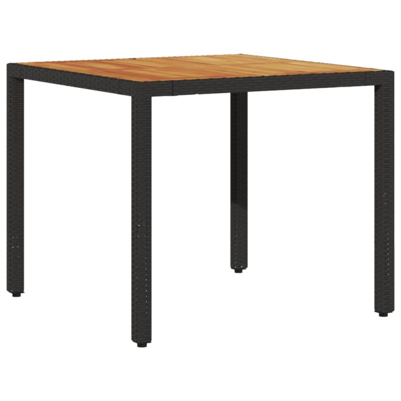 Stół ogrodowy z akacjowym blatem, czarny, 90x90x75cm, rattan PE