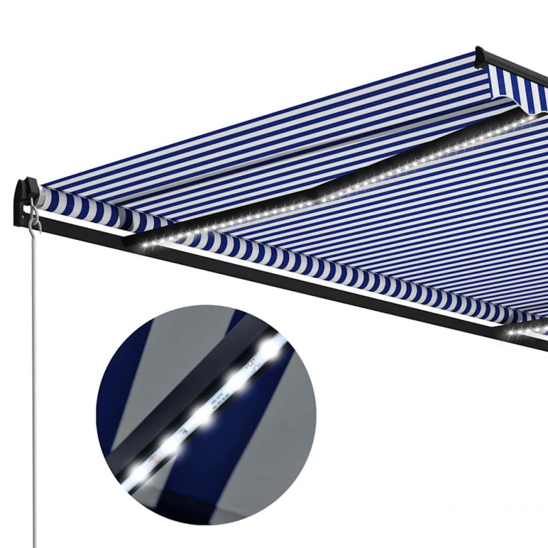 Ręcznie zwijana markiza z LED, 350 x 250 cm, niebiesko-biała