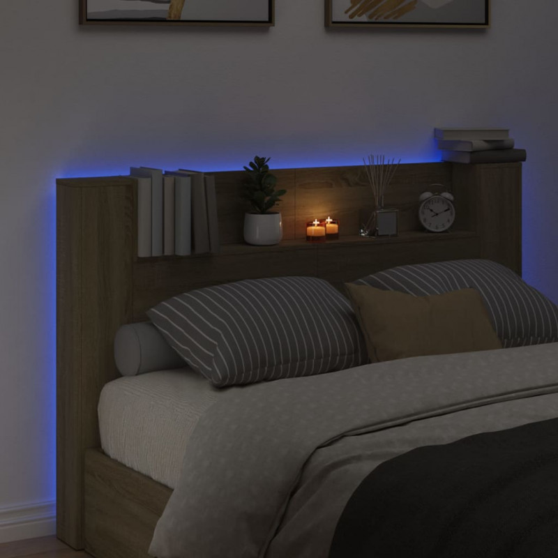 Zagłówek z półką i LED, dąb sonoma, 160x16,5x103,5 cm