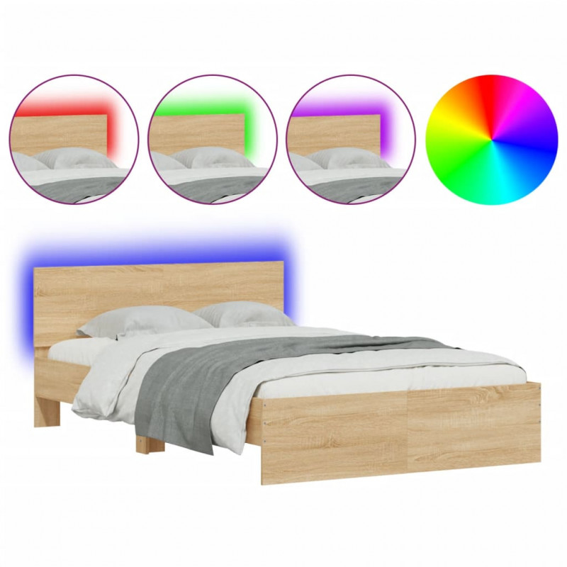 Rama łóżka z wezgłowiem i LED, dąb sonoma, 135x190 cm