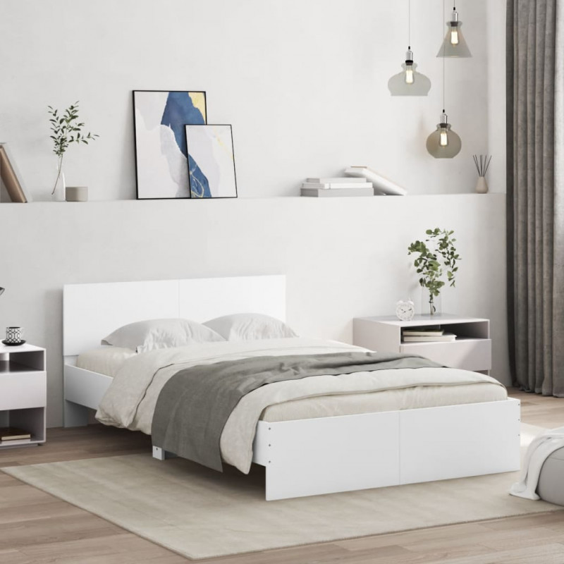 Rama łóżka z wezgłowiem i LED, biała, 135x190 cm