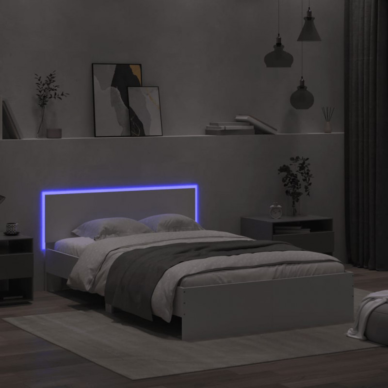 Rama łóżka z wezgłowiem i LED, biała, 135x190 cm