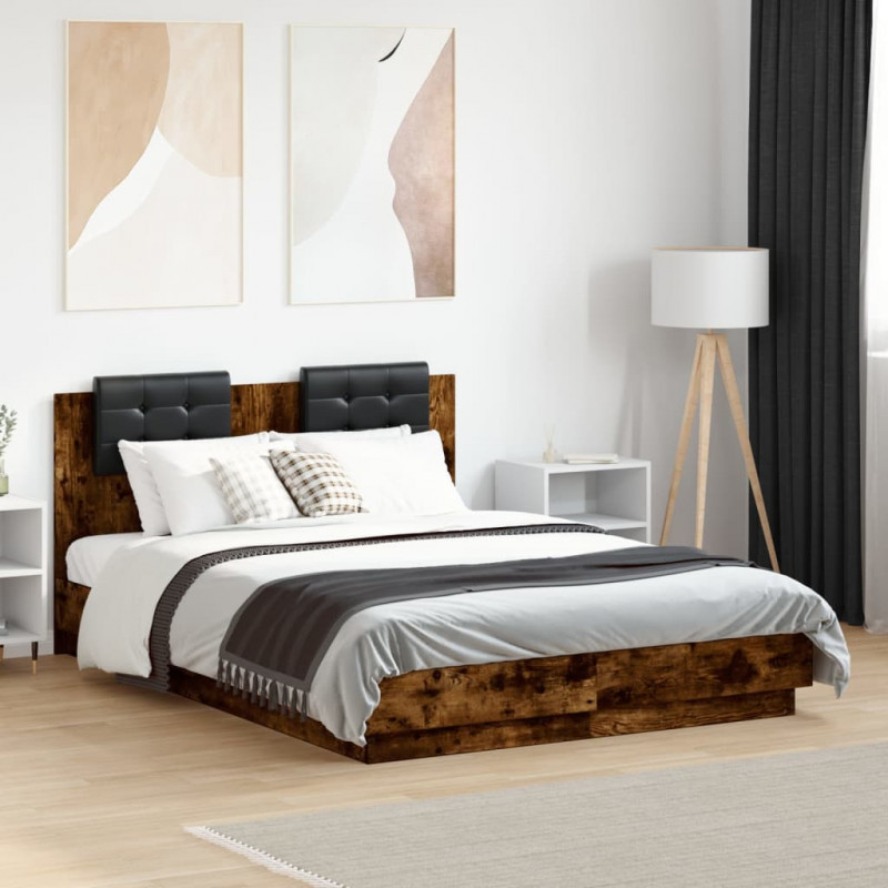 Rama łóżka z wezgłowiem i LED, przydymiony dąb, 135x190 cm