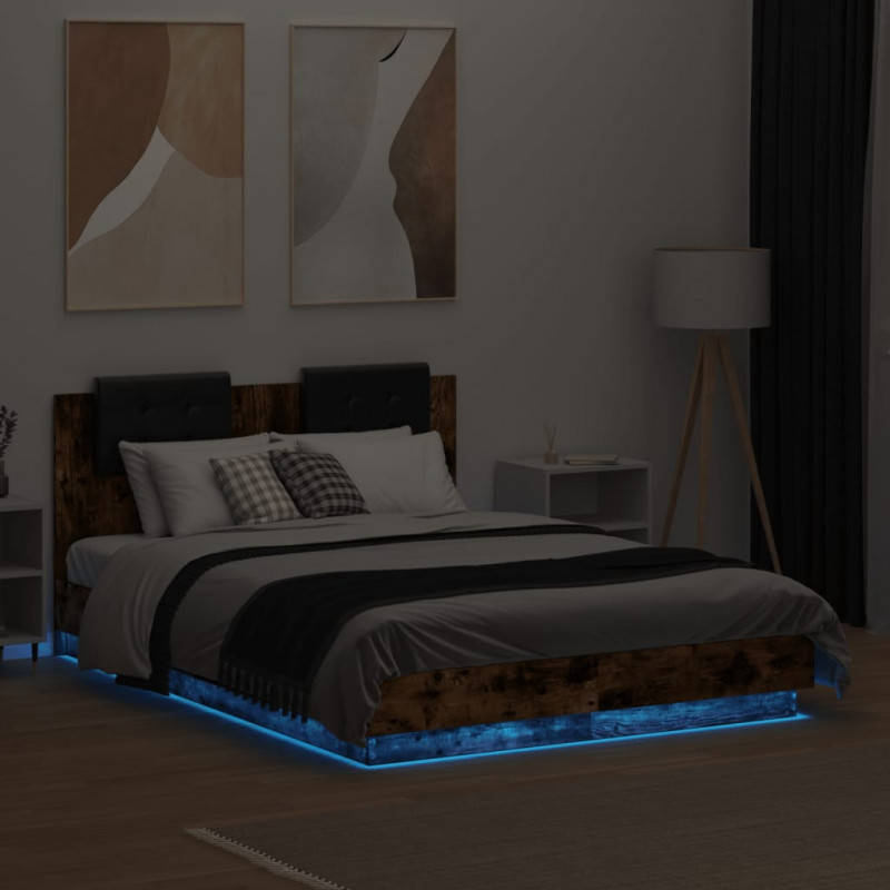 Rama łóżka z wezgłowiem i LED, przydymiony dąb, 135x190 cm