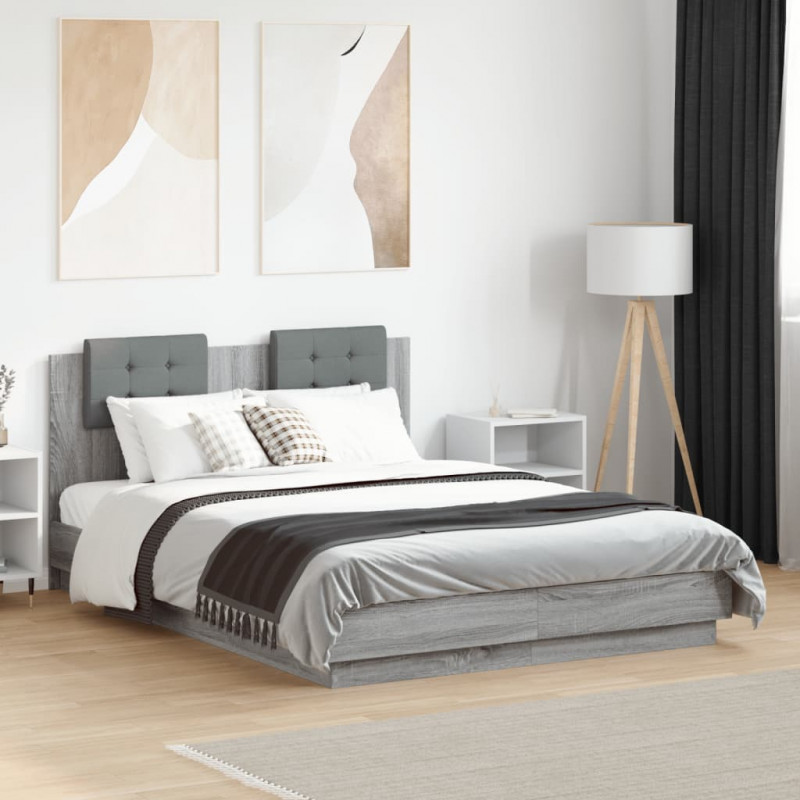 Rama łóżka z wezgłowiem, szary dąb sonoma, 135x190 cm