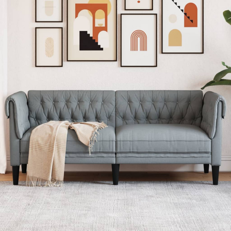 Sofa Chesterfield, dwuosobowa, jasnoszara, obita tkaniną