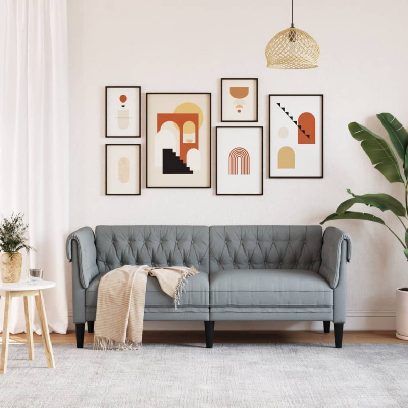 Sofa Chesterfield, dwuosobowa, jasnoszara, obita tkaniną