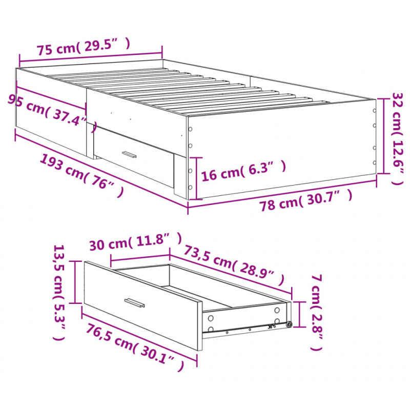 Rama łóżka z szufladami, przydymiony dąb, 75x190 cm
