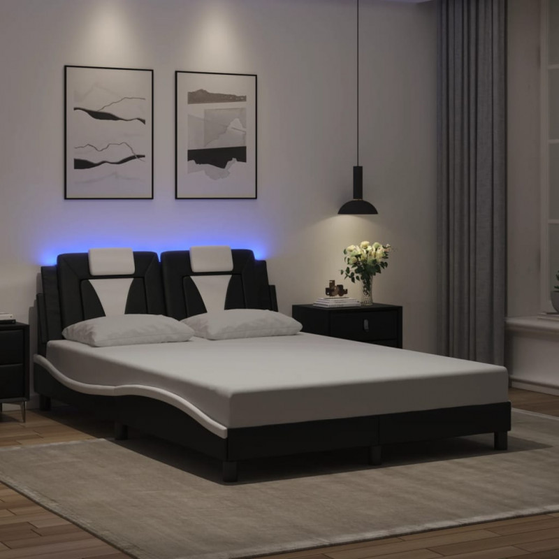 Rama łóżka z LED, czarno-biała, 120x200 cm, sztuczna skóra