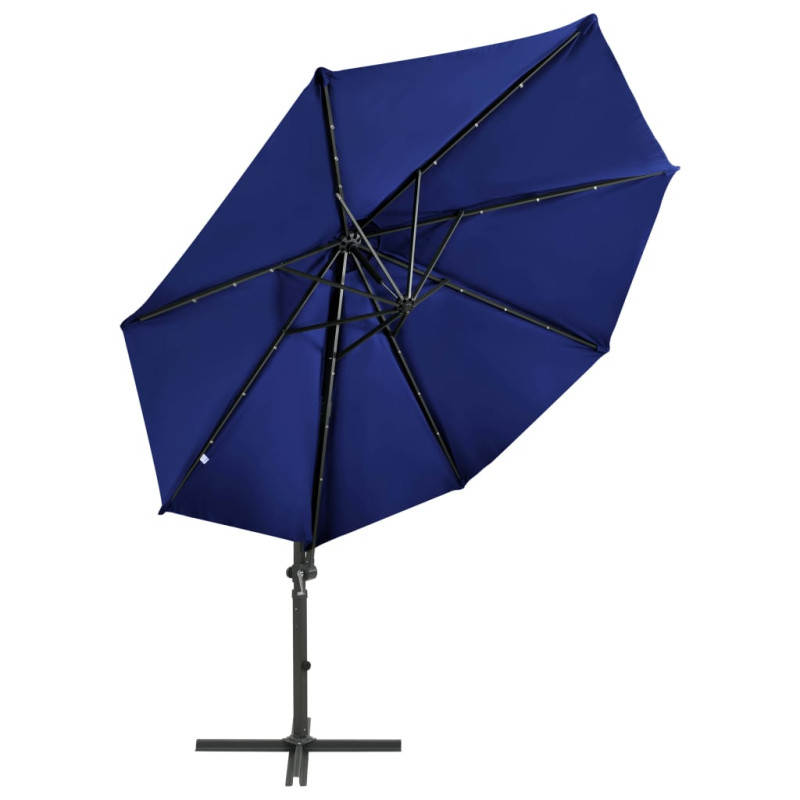Parasol wiszący z LED i słupkiem, niebieski, 300 cm