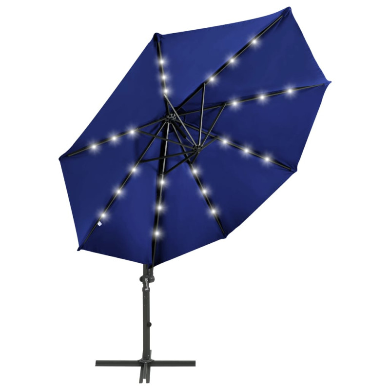 Parasol wiszący z LED i słupkiem, niebieski, 300 cm