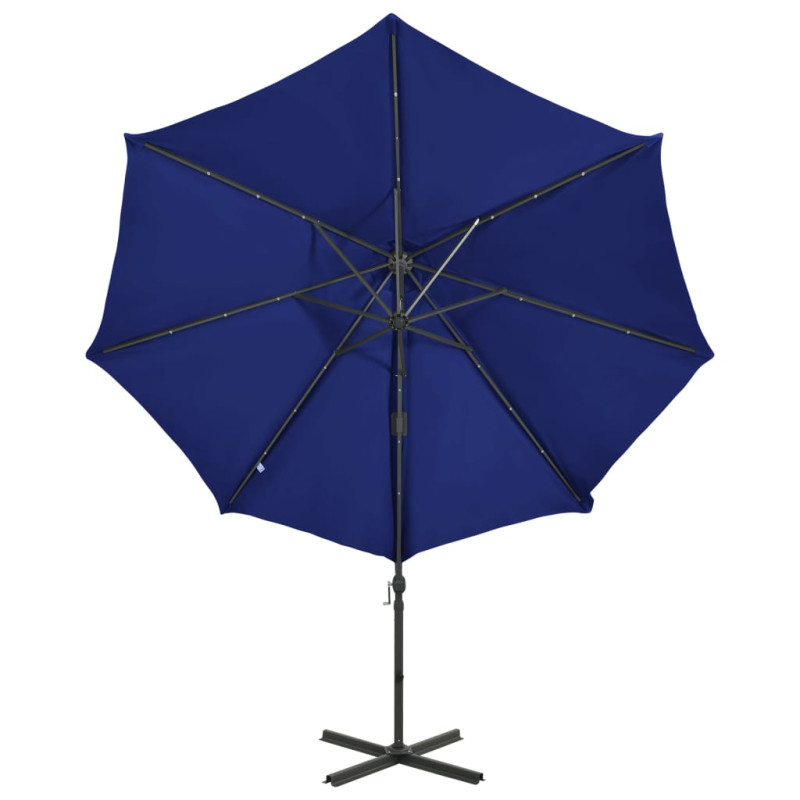 Parasol wiszący z LED i słupkiem, niebieski, 300 cm