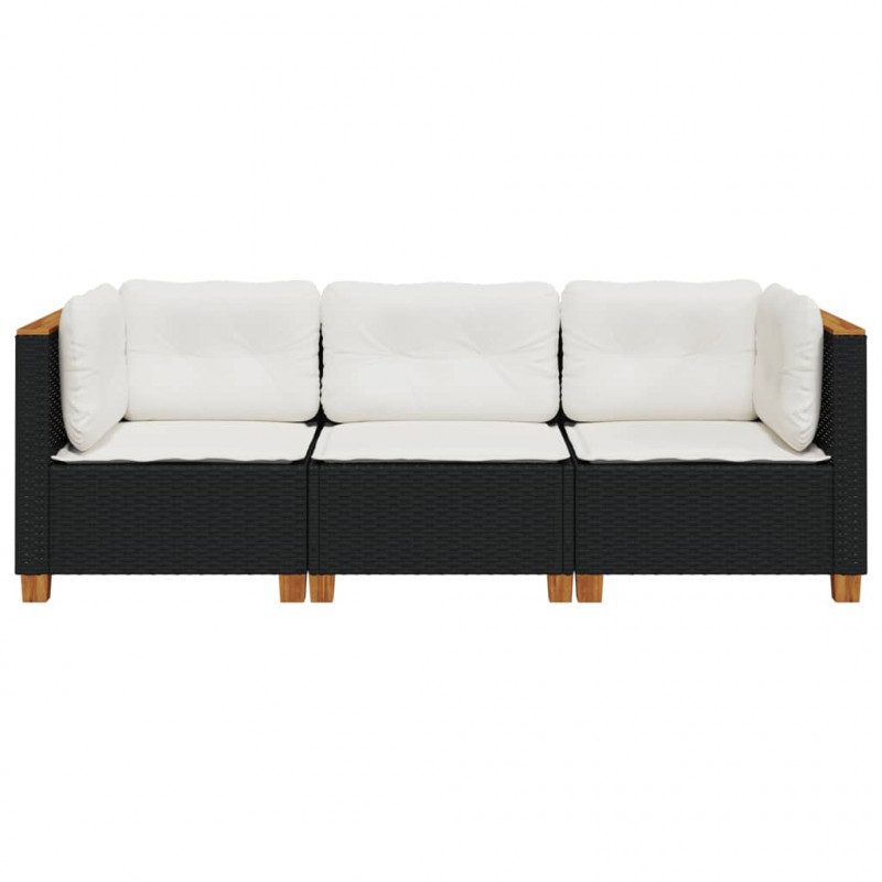 Sofa ogrodowa z poduszkami, 3-osobowa, czarna, polirattan