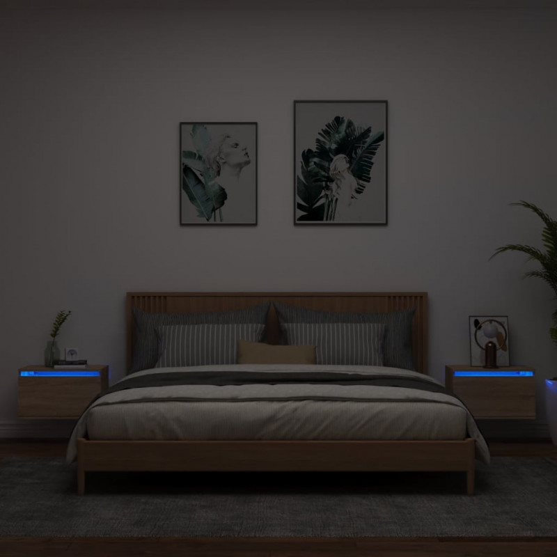 Wiszące szafki nocne z LED, 2 szt., dąb sonoma