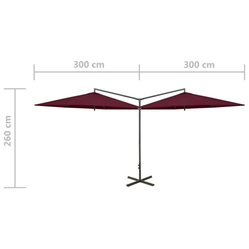 Podwójny parasol ogrodowy, stalowy słupek, bordowy, 600 cm
