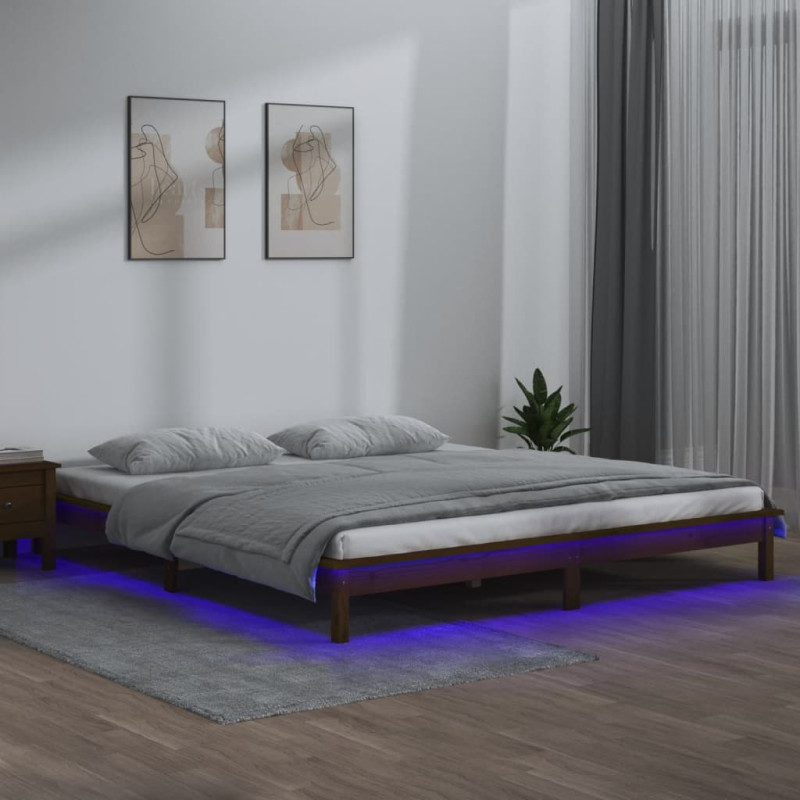 Rama łóżka z LED, miodowy brąz, 200x200 cm, lite drewno