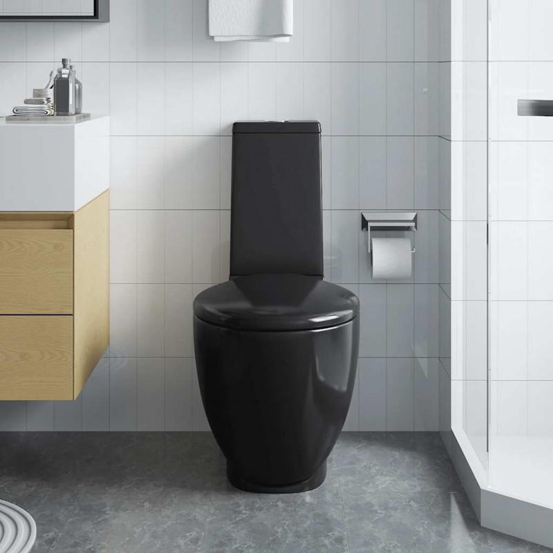 Ceramiczna toaleta ze spłuczką, okrągła, odpływ pionowy, czarna