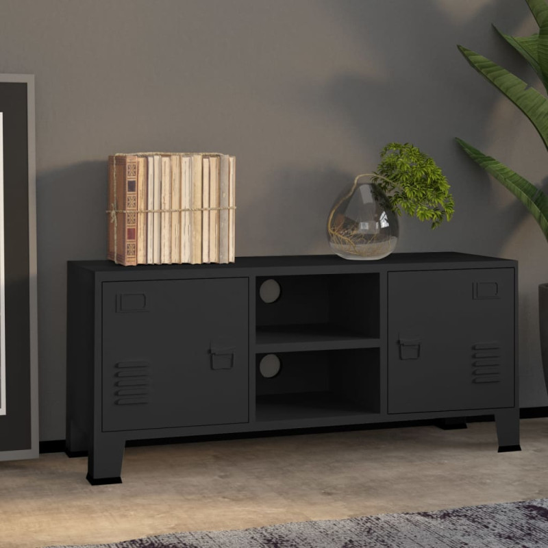 Industrialna szafka pod TV, czarna, 105x35x42 cm, metalowa