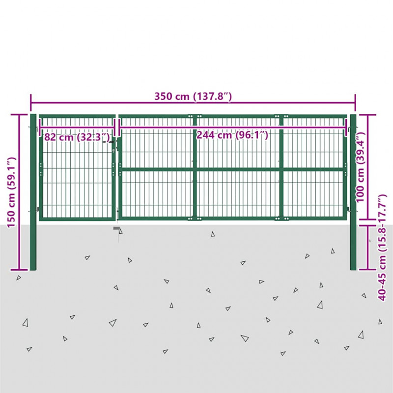 Brama ogrodowa ze słupkami 350x100 cm, stal, zielona