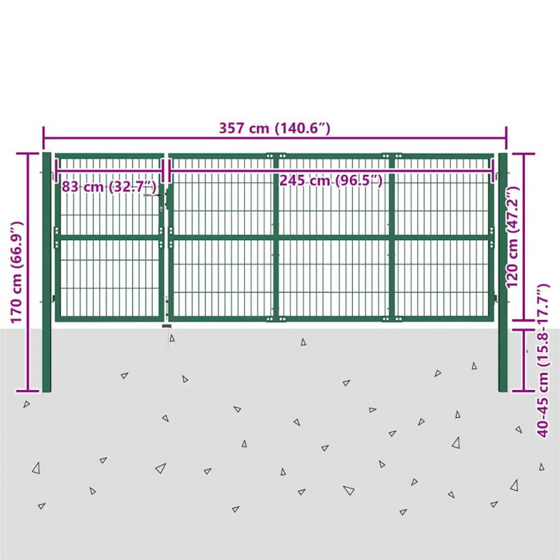 Brama ogrodowa ze słupkami 350x120 cm, stal, zielona