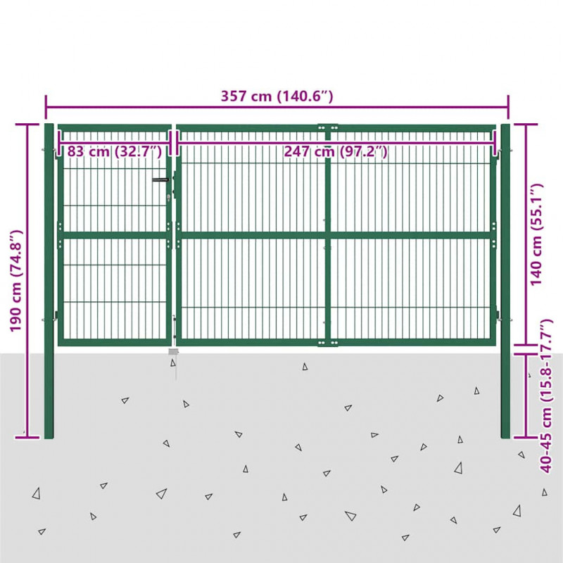 Brama ogrodowa ze słupkami 350x140 cm, stal, zielona