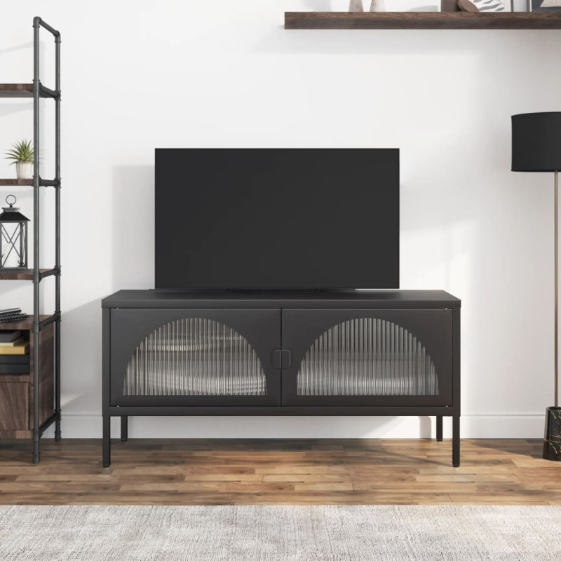 Szafka pod telewizor, czarna, 105x35x50 cm, szkło i stal
