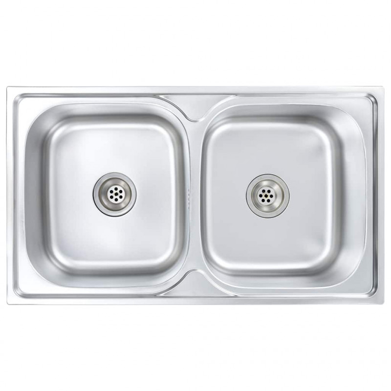 Zlew kuchenny z sitkiem i syfonem, podwójny, stal nierdzewna