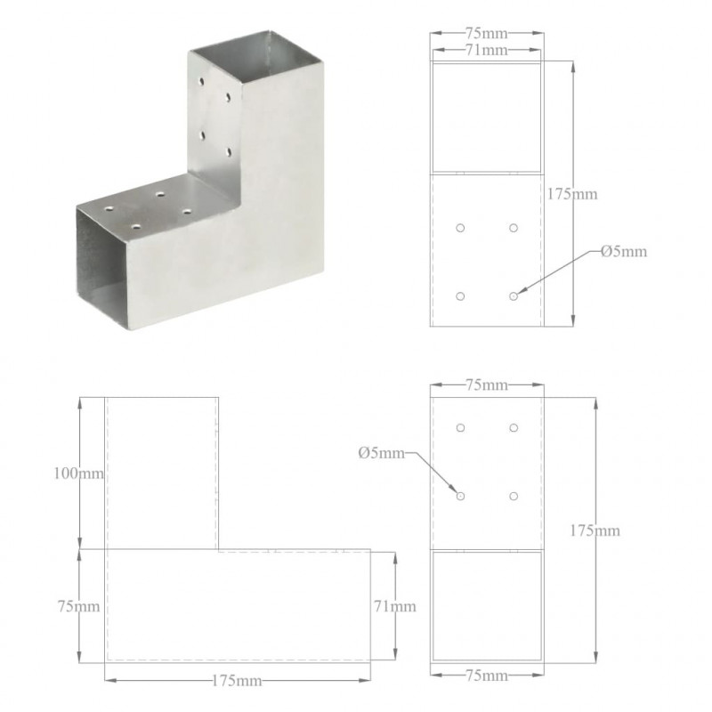 Łącznik do słupków w kształcie L, galwanizowany metal, 71x71 mm