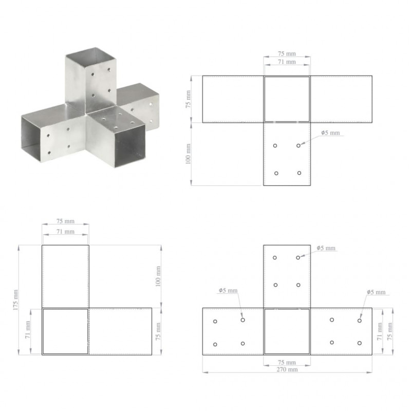 Łącznik do słupków w kształcie X, galwanizowany metal, 71x71 mm