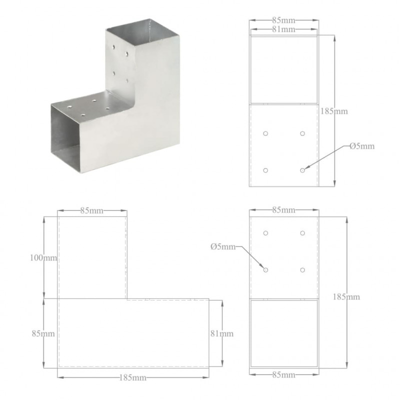 Łącznik do słupków w kształcie L, galwanizowany metal, 81x81 mm